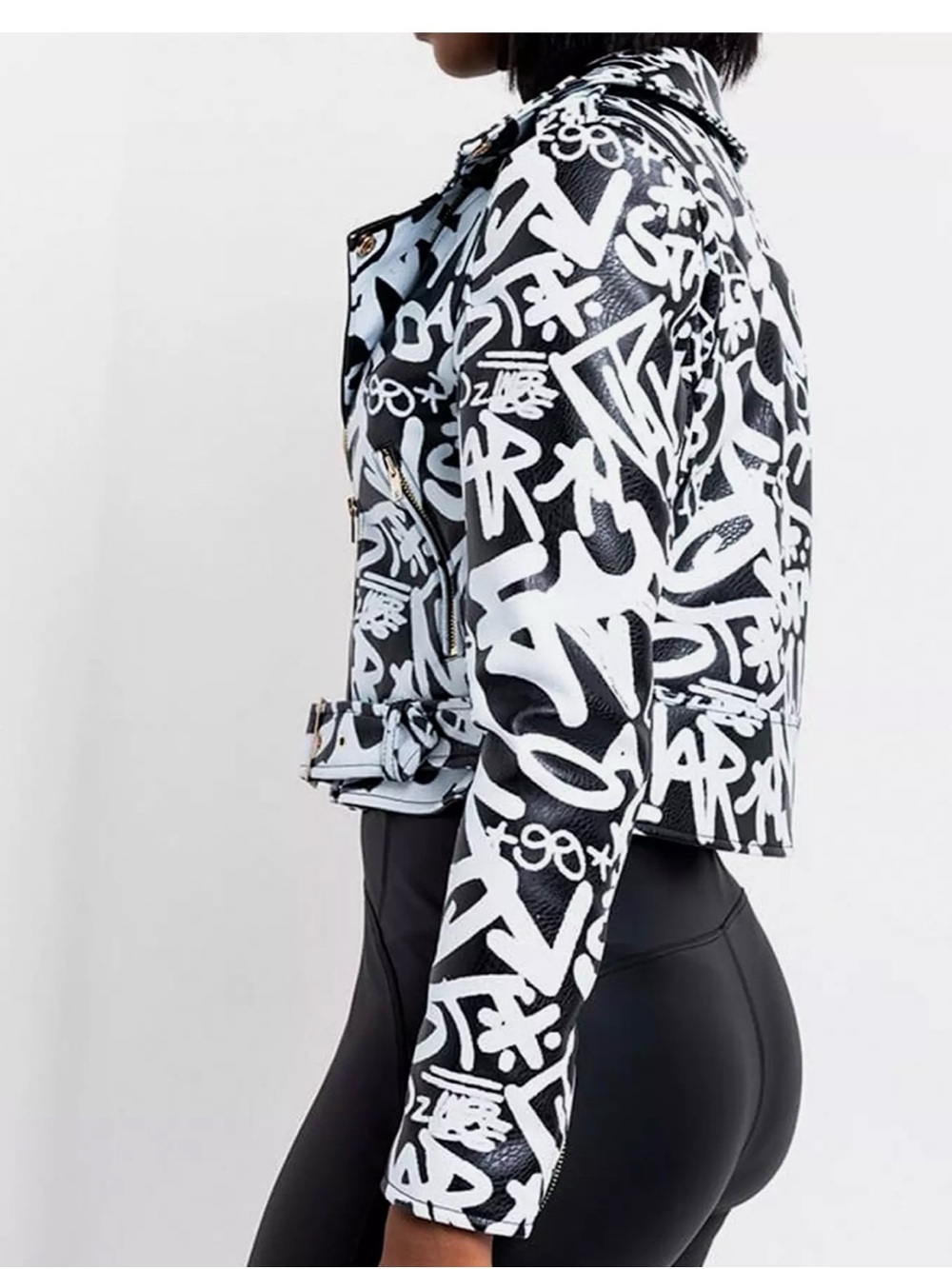 Azalea Wang No Game Graffiti-Print Black & White Faux Leather Moto Jacket. - Picture 3 of 8